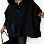 Margovil Dolman Sleeves Zipper Up Pocketed Jacket with Faux Fur Hood