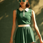 【24-hour shipping out】Casual Fashion Polo Neck White Trim Green Sleeveless Mini Dress