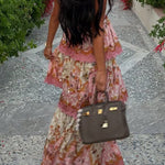 Margovil Spaghetti Strap Back Lace-up Ruffle Layered Floral Print Maxi Dress