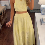 Margovil Lace Hollow Out Sleeveless Crop Top High Waist Maxi Skirt Set