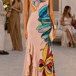 One Shoulder Floral Print Ruffle Hem Slit Maxi Dress