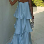 Margovil Spaghetti Strap Ruffle Layered Satin Maxi Dress