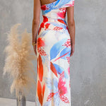 Asymmetrical Shoulder Ruched Floral Print Maxi Dress