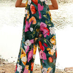 V Neck Sleeveless Floral Print Wide Leg Jumpsuit