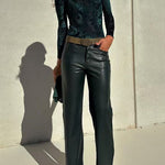 Margovil High Rise Faux Leather Pocketed Straight Leg Pants