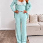 Women's 3 Piece Outfits Lace Cami Top and Long Sleeve Cardigan and Straight Leg Pants Set Casual Lounge Sleepwear Suits
