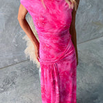 Asymmetric Shoulder Ruched Waist Floral Print Maxi Dress