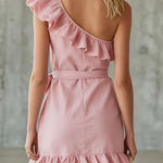 Ruffle One Shoulder Tie Waist Mini Dress
