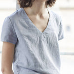 Solid Color V-neck Cotton Linen T-shirt Slim Casual Top