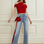Wide Leg Bow-Embellished Contrast Color Jean Pants Bottoms