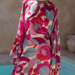 Batwing Sleeves Loose Flower Print Pleated Split-Joint Round-Neck Maxi Dresses