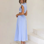 Stand Collar Solid Color Hollow Waist Long Dress
