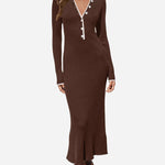 Turndown Collar Button Knit Slim Fit Maxi Dress