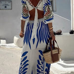 Linen Blend Unique Printed V-Neck Hollow Backless Lace-Up Holiday Maxi Dress
