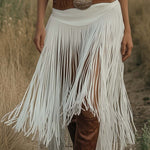 Retro Premium Western Style Brown Belt White Suede Tassel Skirt