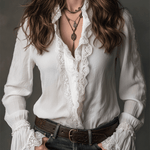 Casual And Versatile White Lace-Trimmed Shirt