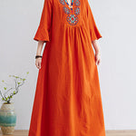 Loose Embroidered Floral Cotton Linen V-Neck 3/4 Sleeve Dress