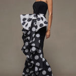 Skinny Sleeveless Bow-Embellished Pleated Polka-Dot Split-Joint Tube Maxi Dresses