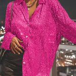Solid color button-down long-sleeve sequined cardigan