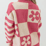 Checkered and Striped Knitted Pullover Sweater