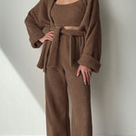 Nadorine Brown Long-sleeved Trousers Three-piece Pajamas Set