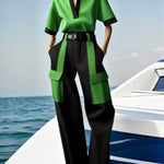 Half Sleeves Loose Contrast Color No Belt Pockets Split-Joint V-Neck Casual Pants Bottoms Trousers