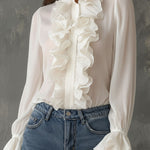 Retro Romantic High Neck White Ruffled Chiffon Blouse