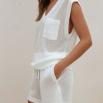 Quiet Luxury Ivory Knit Sleeveless V-Neck Top & Drawstring Shorts Set