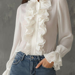 Retro Romantic High Neck White Ruffled Chiffon Blouse