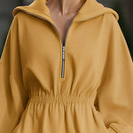 Mustard Yellow Half-Zip Hooded Sweatshirt Dress