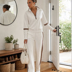 Retro Sporty Webbing Grey-white Half-zip Sweatshirt And Wide-leg Pants Set