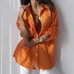 Nadorine Solid Loose Single breasted Full Pull Long Sleeve Blouse Polo Pocket Tops