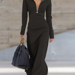 Elegant Retro Sporty V-neck Front Zipper Long-sleeved Pink Maxi Dress