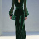 Vintage Elegant And Exquisite V-neck Mesh Long-sleeved Royal Blue Velvet Jumpsuit