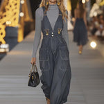 Fashion Personality Loose V-neck Suspender Denim Jumpsuit
