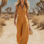 Bohemian Retro Western Lapel Sleeveless Cotton-Linen Jumpsuit