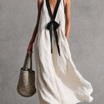 Bohemian Style White And Black Color Blocked Sleeveless V-neck Maxi Dress