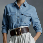 Women's elegant style denim-look shirt and cotton-linen skirt set