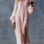 Comfortable Lazy Exquisite V-neck Metal Button White Imitation Rabbit Fur Knitted Side Slit Midi Dress