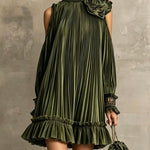 Elegant Olive Green Pleated Mini Dress with High Neck, Ruffle Hem & Rose Detail