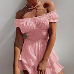Off Shoulder Ruffle Shorts Romper Swiss Dot Smocked Layered Chiffon Boho Mini Jumpsuits
