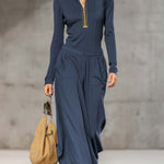 Casual Retro Sports Dark Gray Half-high Collar Front Zipper Long-sleeved Top And Wide Pants Set