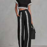 Women's Vintage Black Cotton And Linen Blend Wide-leg Pants Set With Lace Detailing