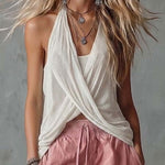 Retro Casual Black V-Neck Mesh Top