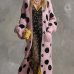 Vintage Fashion Lazy Front Button Black Polka Dot Pink Imitation Rabbit Fur Knitted Long-sleeved Cardigan