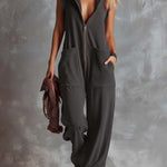 Retro Fashiona Sporty Hooded V-neck Front Zipper Raspberry Red Cotton Jumpsuit