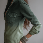 Casual Green Gradient Workwear Pocket Denim Zip-Up Blouse