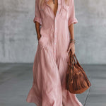 Casual Retro Western V-neck Front Button Short Sleeve Pink Cotton Linen Shirt Maxi Dress