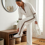 Retro Sporty Webbing Grey-white Half-zip Sweatshirt And Wide-leg Pants Set
