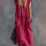Vintage Casual Sporty Hooded V-neck Front Zip Lace Trim Sleeveless Raspberry Red Cotton Maxi Dress